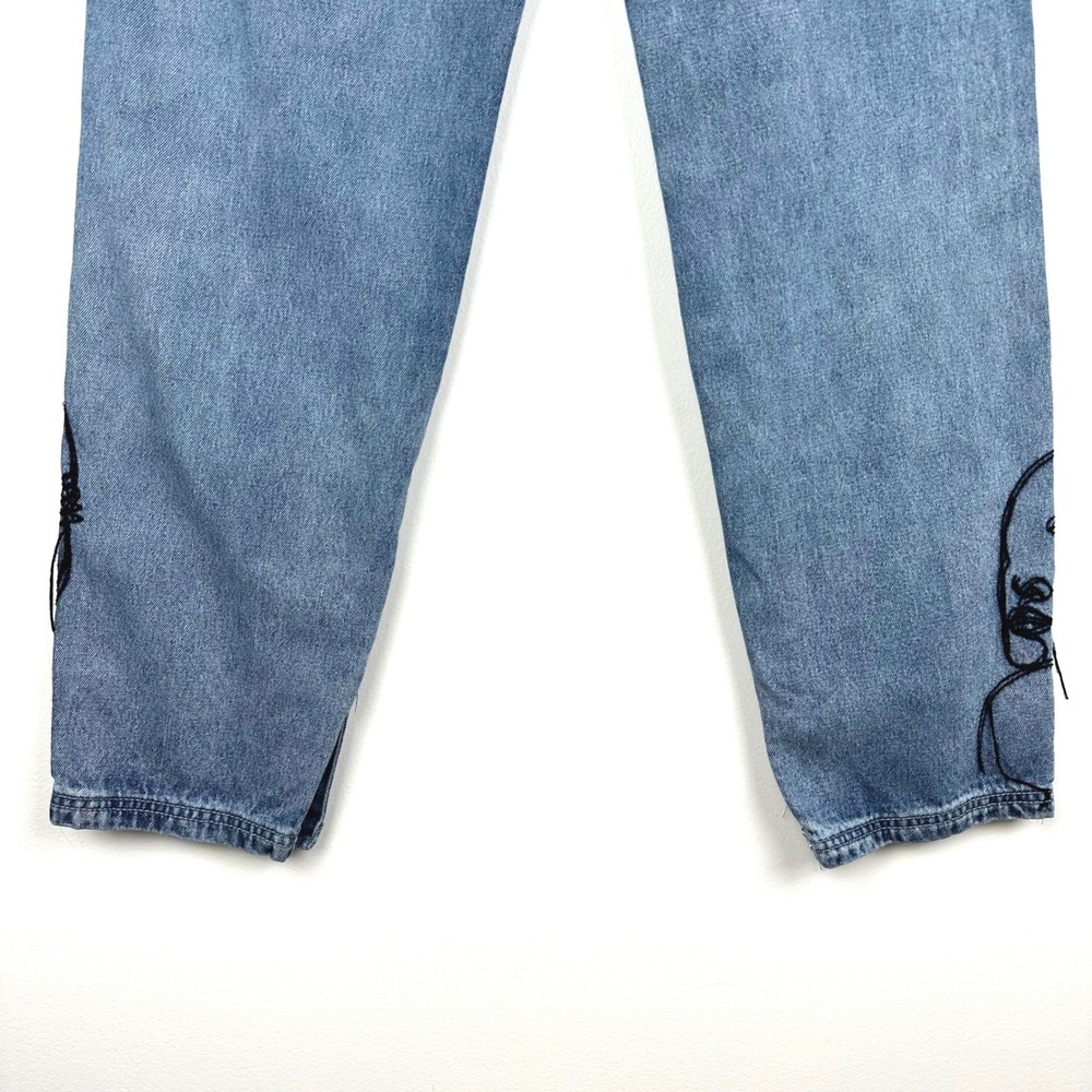 Maniere De Voir Line Art Mom Jeans Blue Embroidered Face Denim Pants Size 6 - Picture 8 of 14